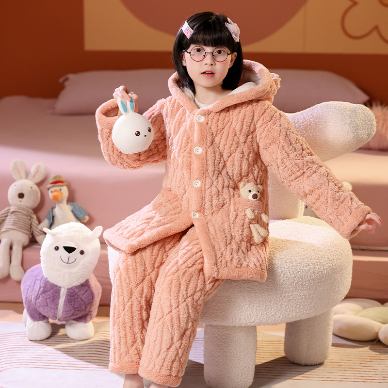 2025 Winter New Children's Flannel Pajamas for Boys, Girls, and Boys with Three Layers of Cotton and Thickened Baby Home Clothes