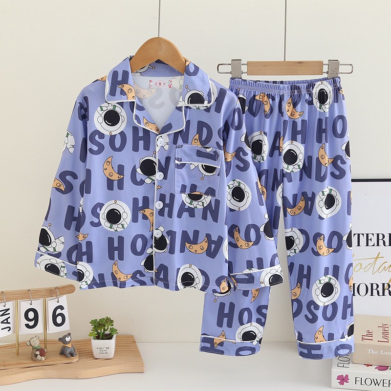 Children's Pajamas Spring and Autumn Boys' Long sleeved Pants Set Girls' Cartoon Astronaut Casual Collar Cardigan Home Clothes