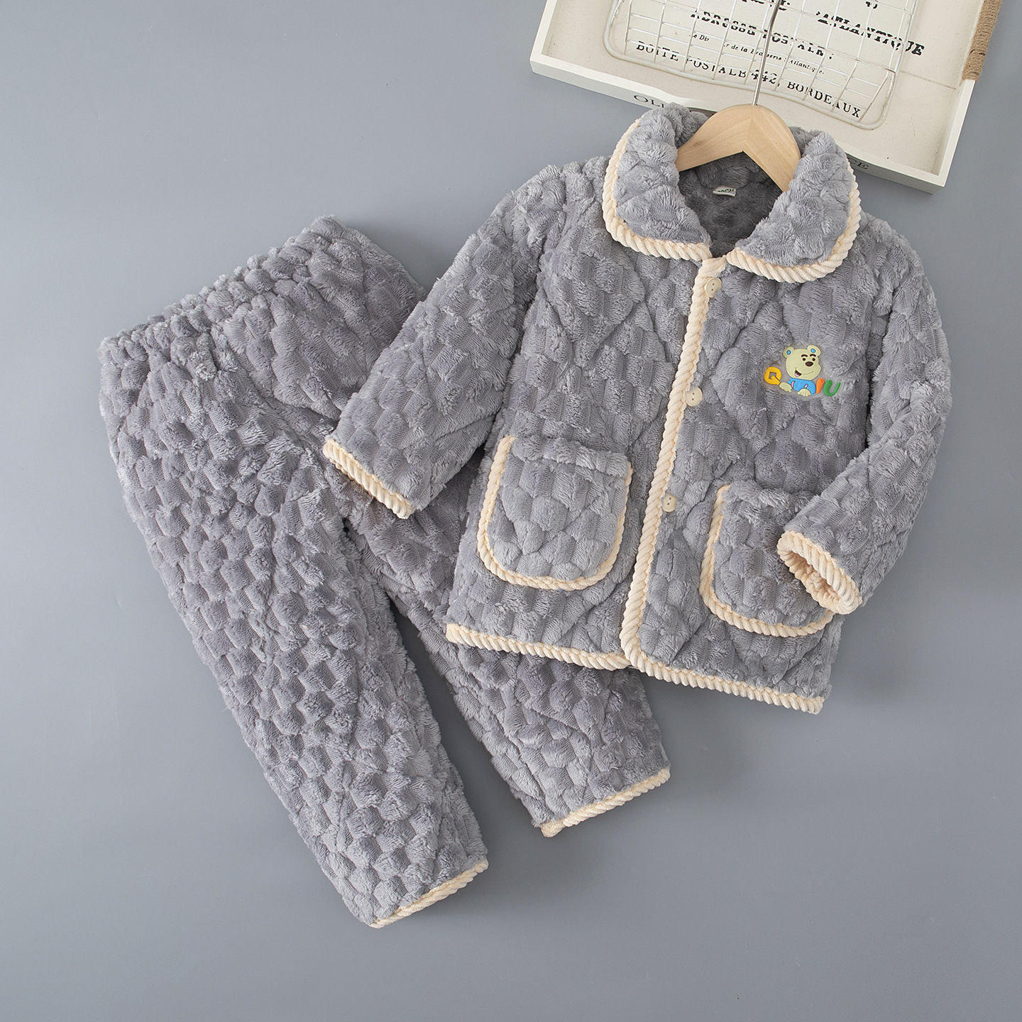 Autumn and winter children's three-layer cotton pajama set with coral fleece thickened flannel for boys and girls, baby home clothes