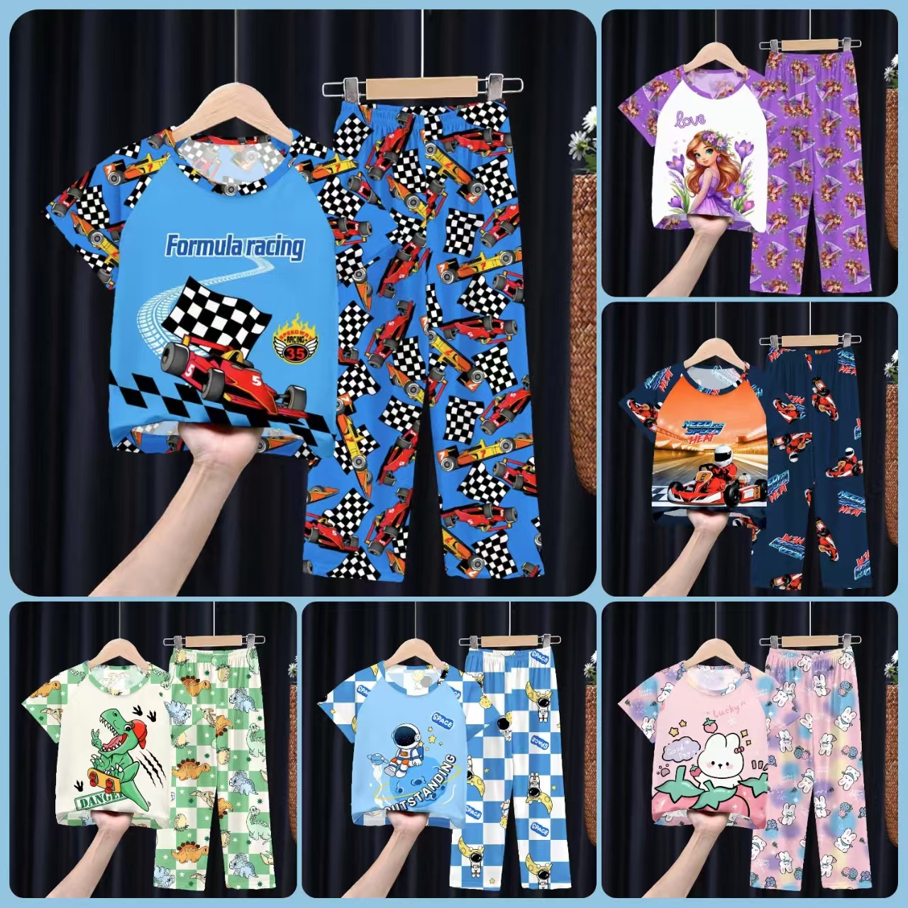 Wholesale new children's pajamas, spring and summer short sleeved pants, racing boys' sets, cartoon princess girls' home clothes