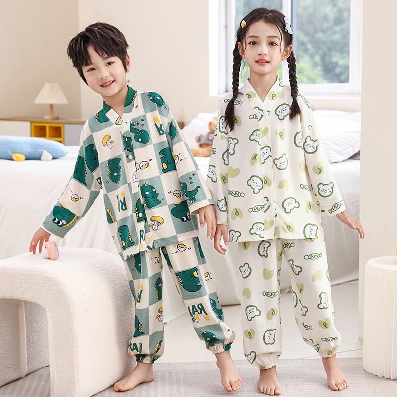 Summer children's pajamas cotton silk ice silk set boys and girls cardigan cotton silk medium and large children's parent-child home clothes thin version