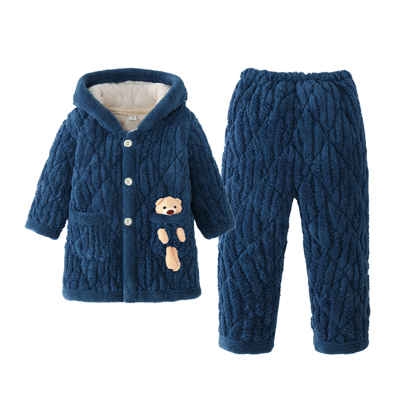 Winter children's flannel pajamas with three layers of cotton and thickened coral fleece for boys and girls, medium to long length home suit set