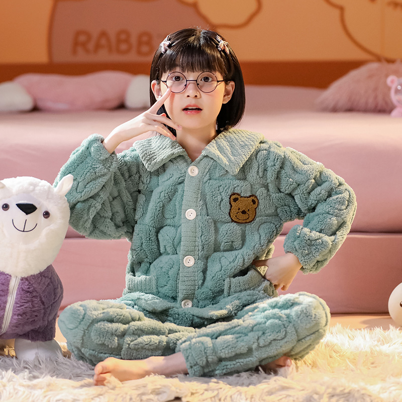Autumn and winter children's flannel pajamas, boys and girls' thick coral fleece warm and plush baby home suit set