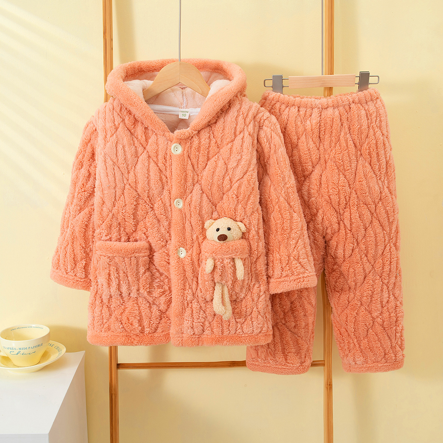 Winter children's flannel pajamas for boys and girls, coral and velvet thickened three-layer cotton sandwich family home clothes