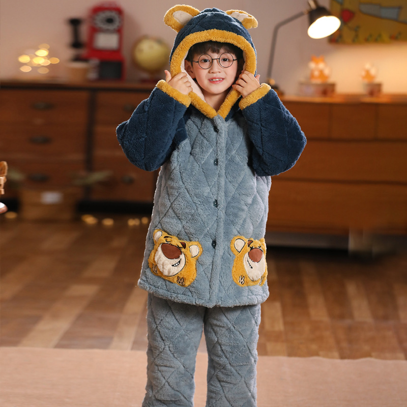 Winter children's coral fleece pajamas, baby children's three-layer thick flannel girls' and boys' cotton padded home clothes