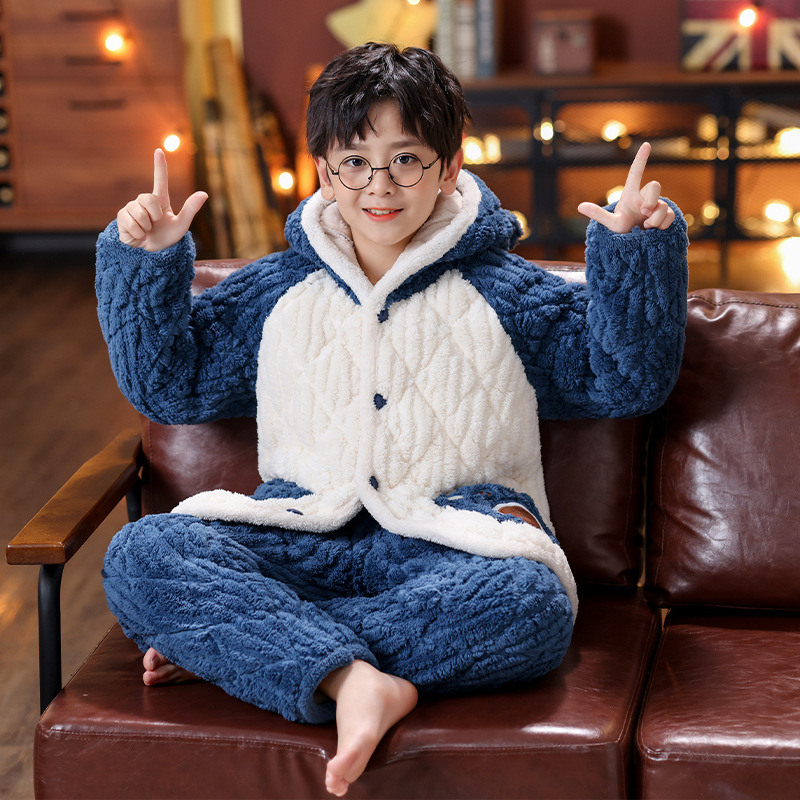 Autumn and winter children's flannel pajamas, boys' coral fleece set, girls' and boys' thick three-layer cotton jacket home clothes