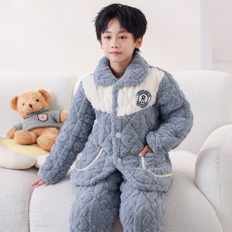 2025 Winter Children's Flannel Pajamas, Girls' Thickened Three Layer Cotton Jacket, Boys' Coral Parent Child Home Furnishing Set