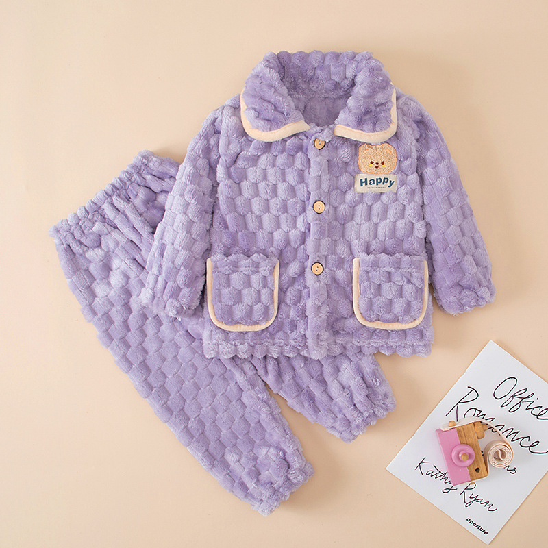 Autumn and winter children's flannel pajamas, boys and girls' thick coral fleece, medium and large children's parent-child home clothing set