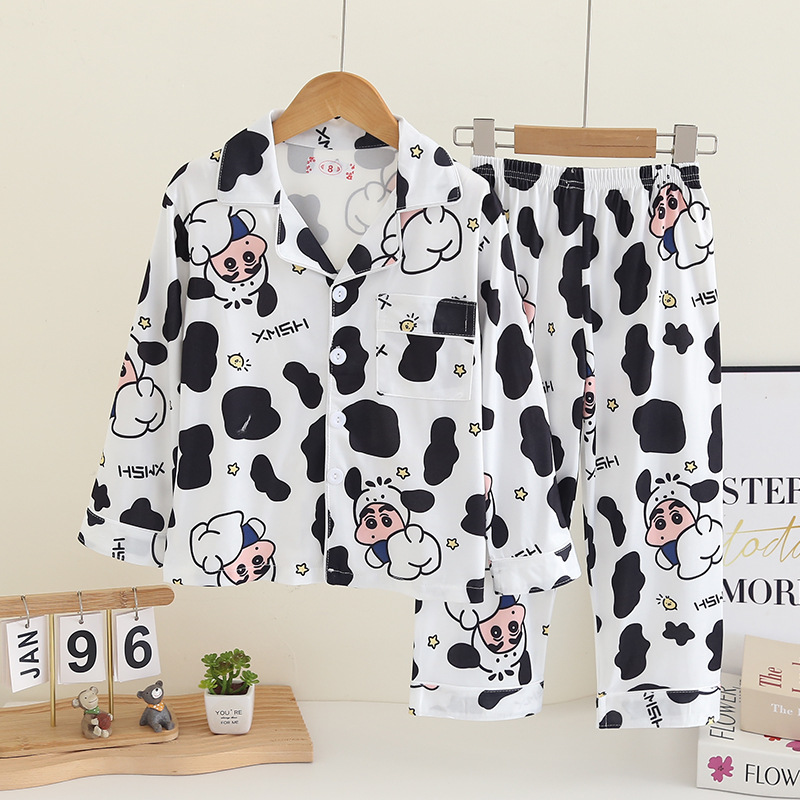 Wholesale children's pajamas, spring and autumn, boys' long sleeved pants, small new sets, girls' cartoon collar cardigans, home clothes