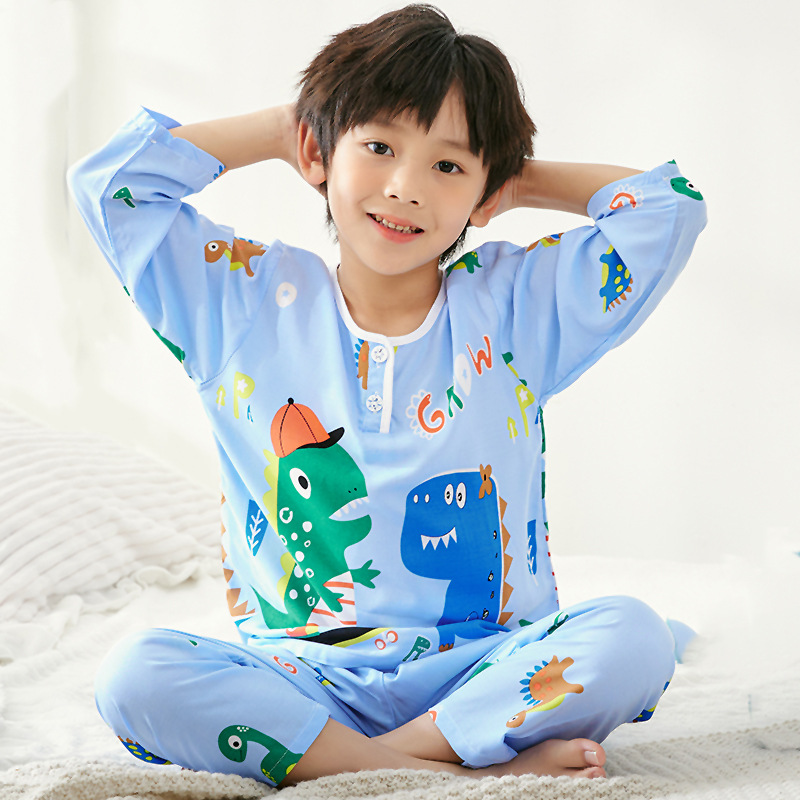 2025 Summer Children's Cotton Silk Pajama Thin Set Wholesale Long Sleeve Long Pants Boys and Girls Baby Cartoon Home Clothes