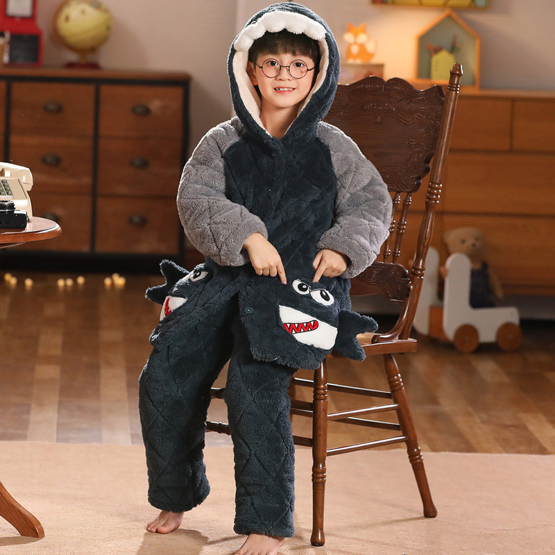 New winter children's flannel three-layer cotton thickened pajamas, men's, children's, and girls' coral fleece home suit set