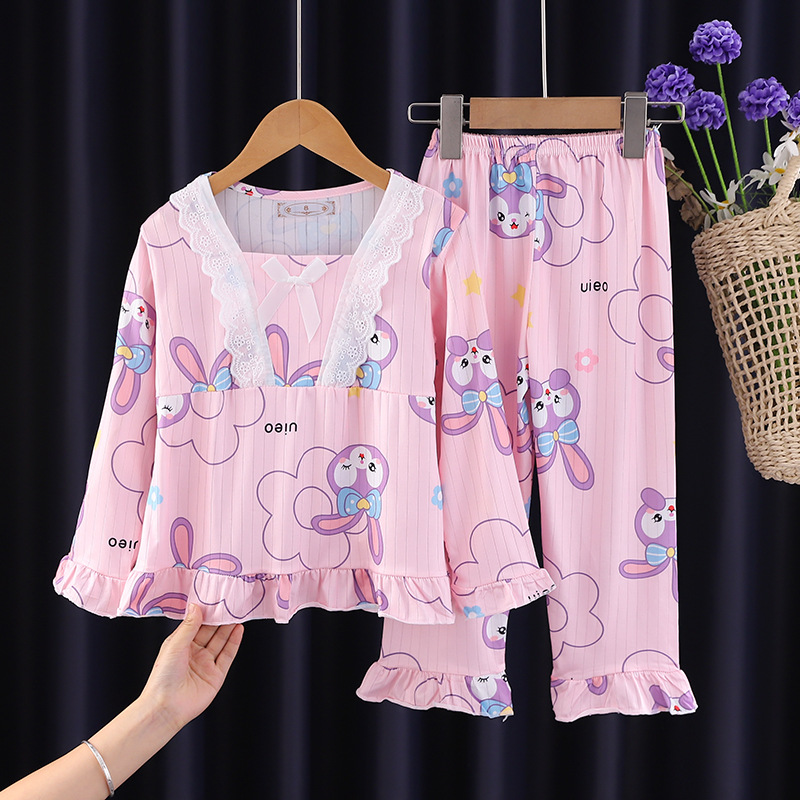 Southeast Asian Children's Pajamas, Spring and Autumn Cartoon, Sweet Long sleeved Pants, Medium sized Children's and Girls' Square Collar Home Clothes Set