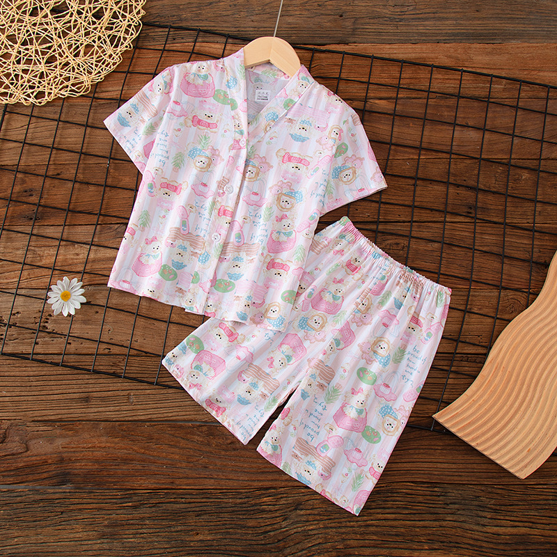 2026 New Children's Pajamas Summer Thin Cardigan Cotton Silk Boys', Girls', Girls', Babies' Air Conditioning Clothing Home Clothing