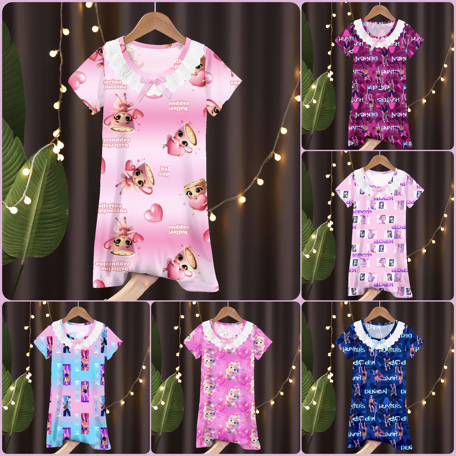 Children's Pajamas Summer Middle aged Girls' Lace Short sleeved Sleeping Skirt Cartoon Baby Kuromi Hunting Witch Team Home Clothes
