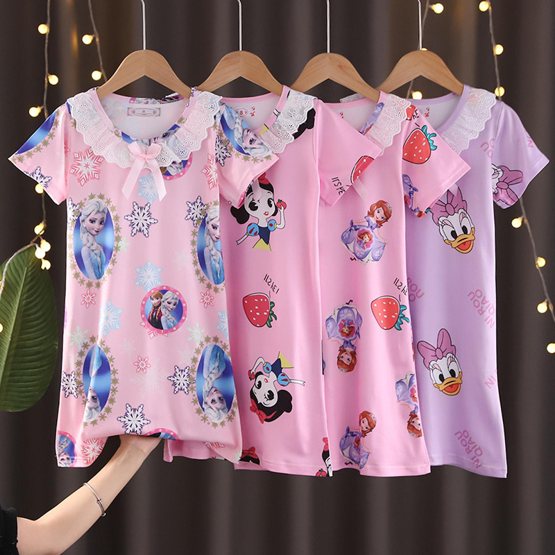 Southeast Asian children's sleepwear, summer girls' lace short sleeved nightgown, cartoon Elsa princess home clothes for children