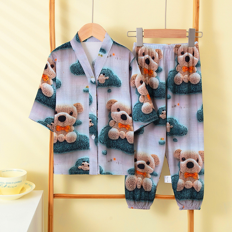 2026 New Summer Children's Cotton Silk Pajamas Girls' Boys' Nezha China-Chic Girls' Set Home Clothes Thin