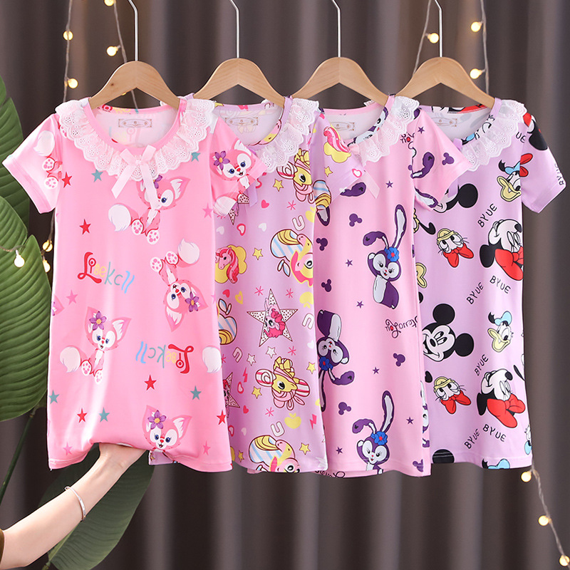 Children's sleepwear, summer girls' lace short sleeved nightgown, cartoon baby ice and snow home clothes, cool for children