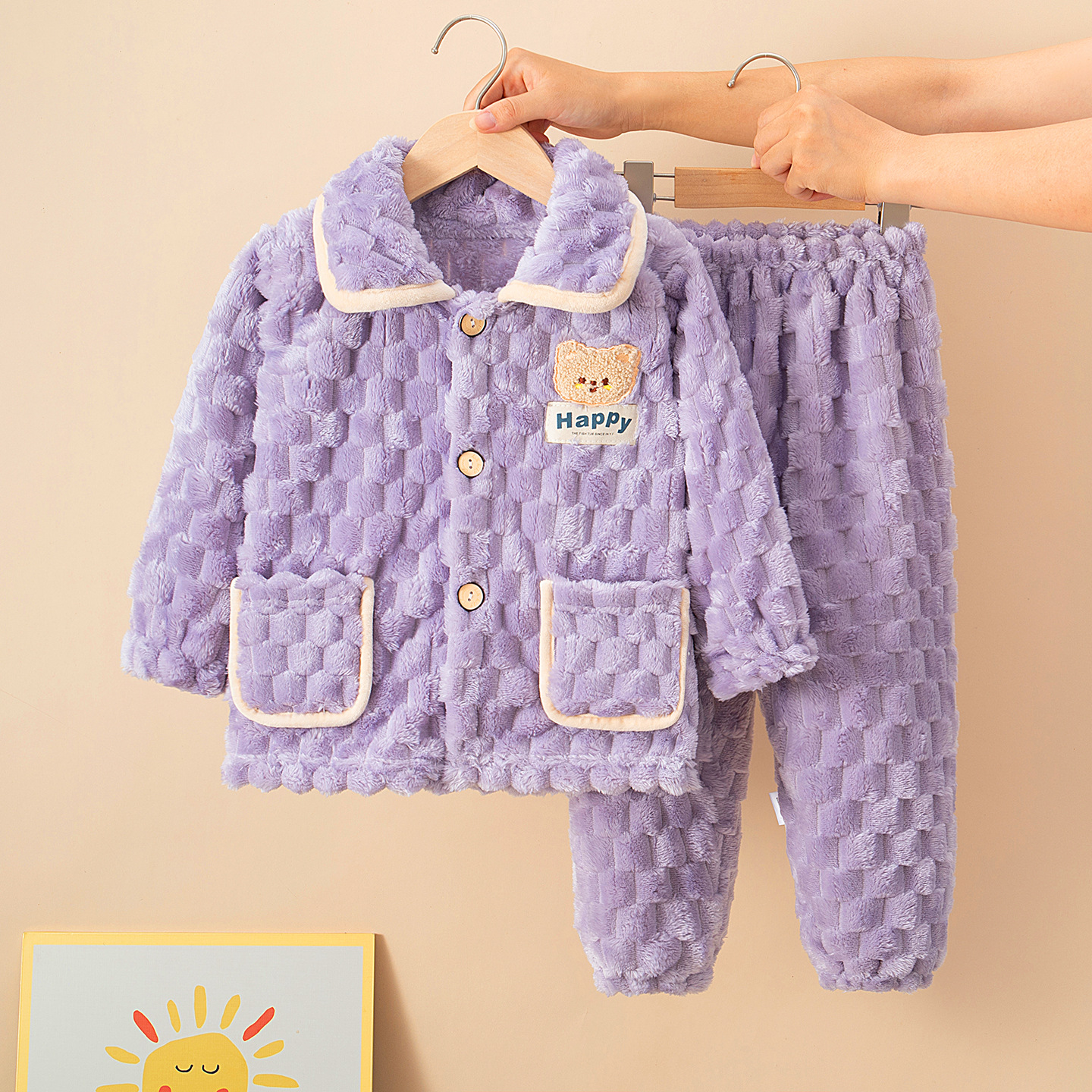 Autumn and winter girls' pajamas with thick flannel, boys' baby boys' warm coral fleece children's home suit set