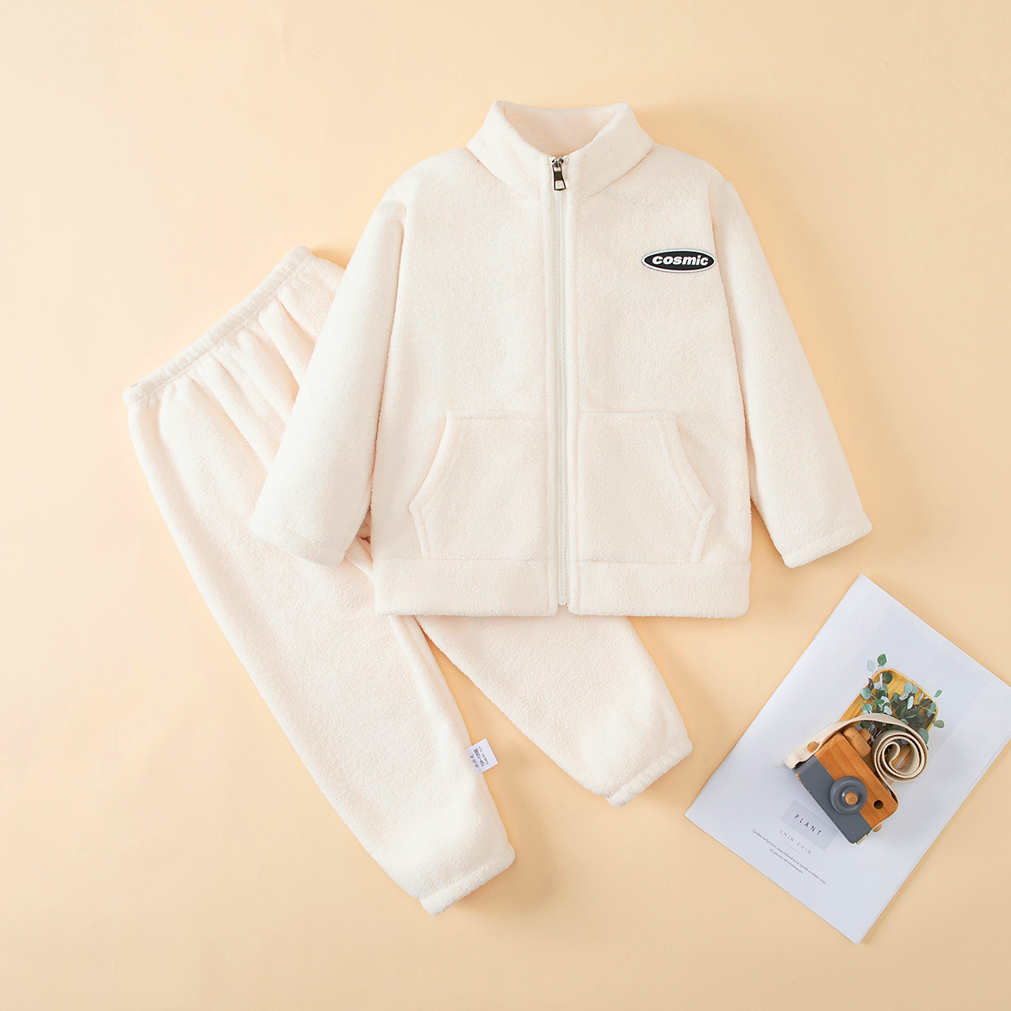 Autumn and winter children's double-sided velvet set, baby thick warm home clothes, boys and girls stand collar with velvet two-piece set