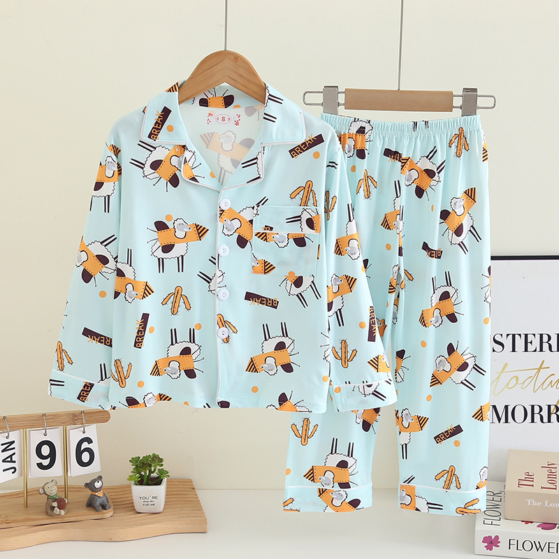 Children's pajamas for spring and autumn, boys' long sleeved long pants, small eight sets, girls' cartoon casual lapel cardigan home clothes
