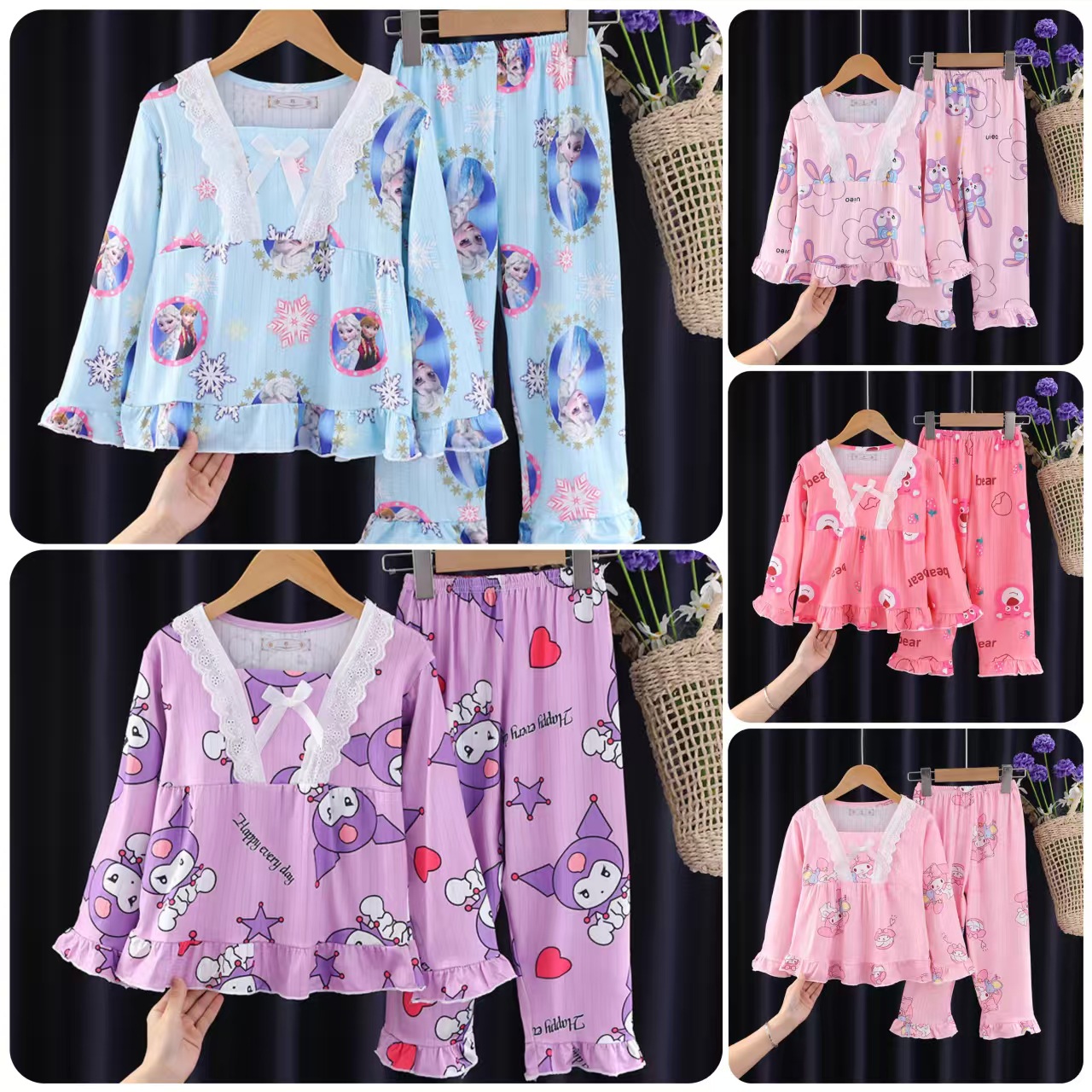 Wholesale children's sleepwear, women's spring and autumn cartoon sweet long sleeved pants, medium size children's and girls' square collar home suit set