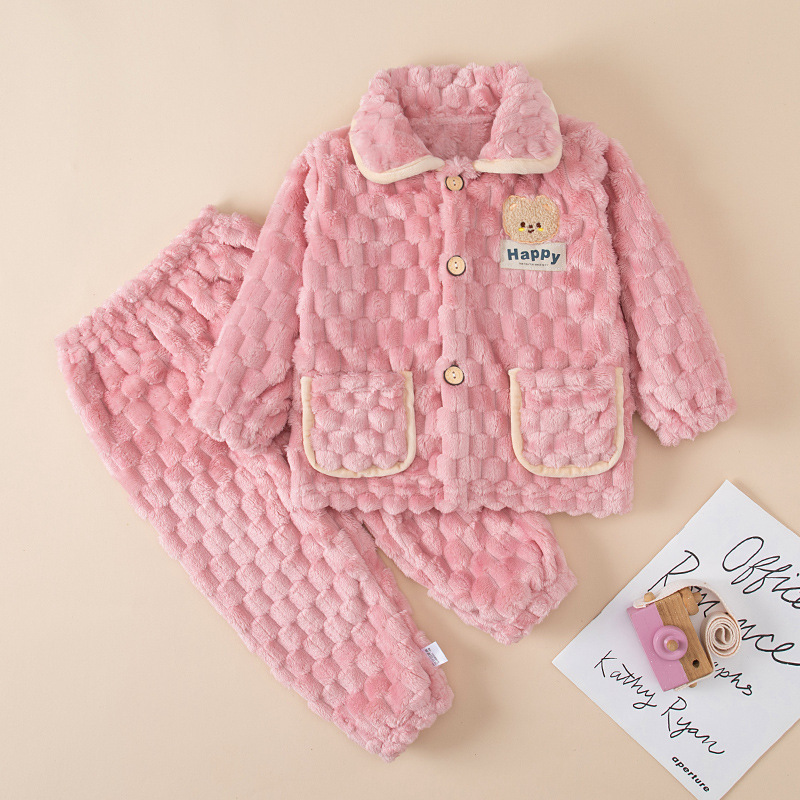 Autumn and winter children's flannel pajamas, boys and girls' thick coral fleece, teenagers' parent-child home clothes set