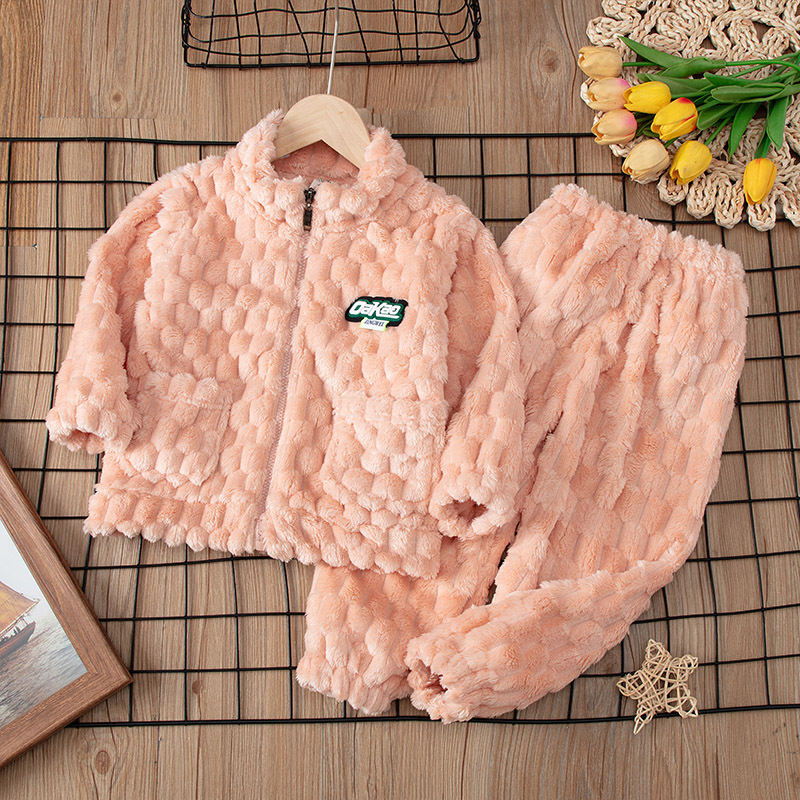 Autumn and winter children's flannel pajamas for boys and girls, boys and girls for babies, zipper coral fleece home suit set