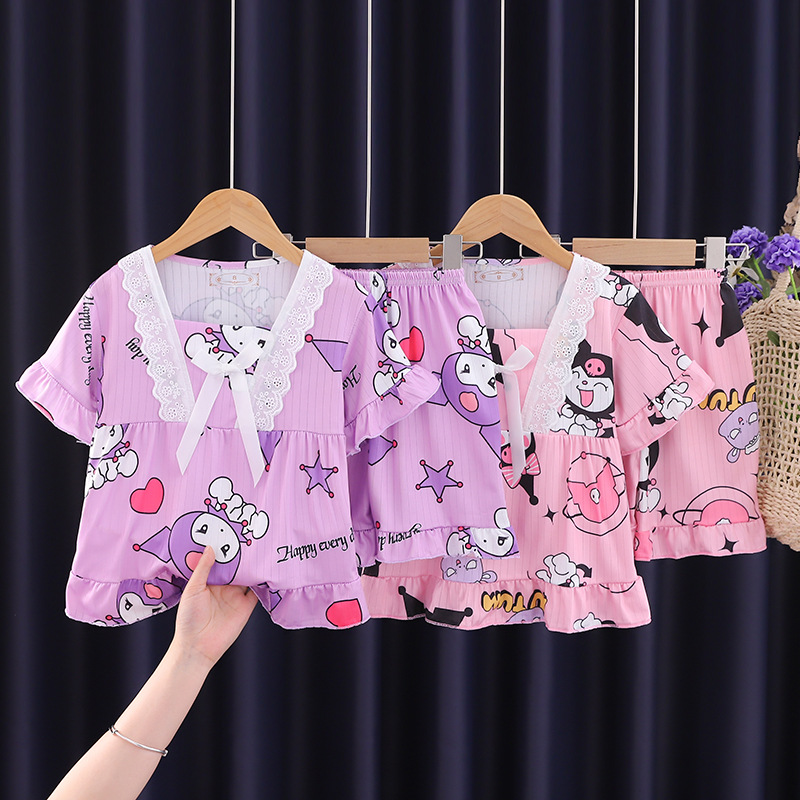 Summer Children's Pajamas with Women's Lace Square Collar Short Sleeve Set, Large Children's Girl Baby Cartoon Home Clothes, Trendy Cartoon
