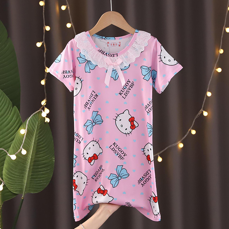 Children's pajamas, summer girls' lace short sleeved nightgown, cartoon baby Kuromi home clothes, children's little princess