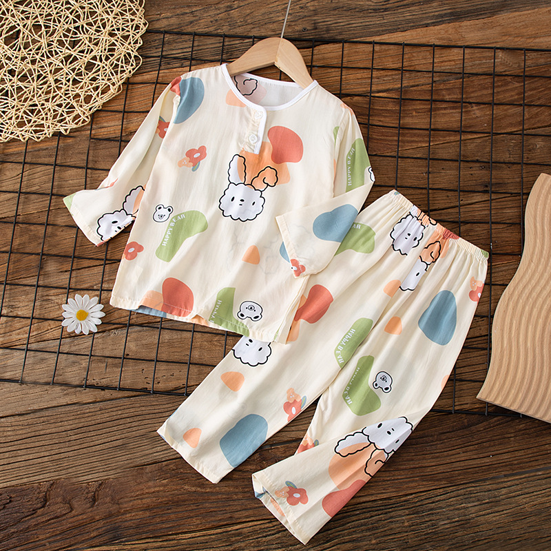 Summer children's cotton silk long sleeved pajamas, Class A cartoon boy and girl baby, medium and large children's cotton silk home clothing set, thin