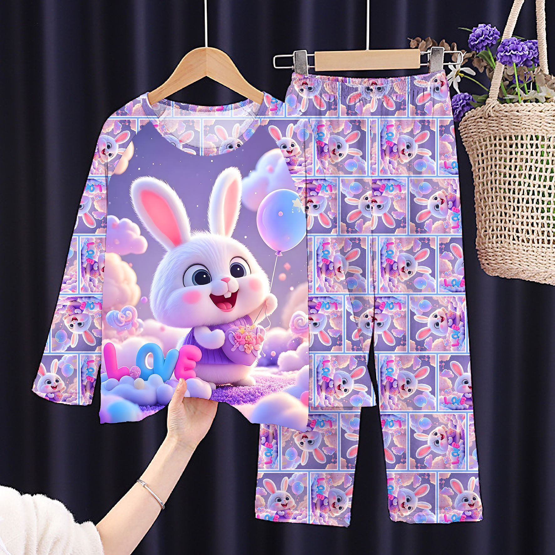 Southeast Asian children's pajamas, long sleeves, long pants, cute cartoon set made of canvas, can be worn as outdoor air-conditioned home clothes