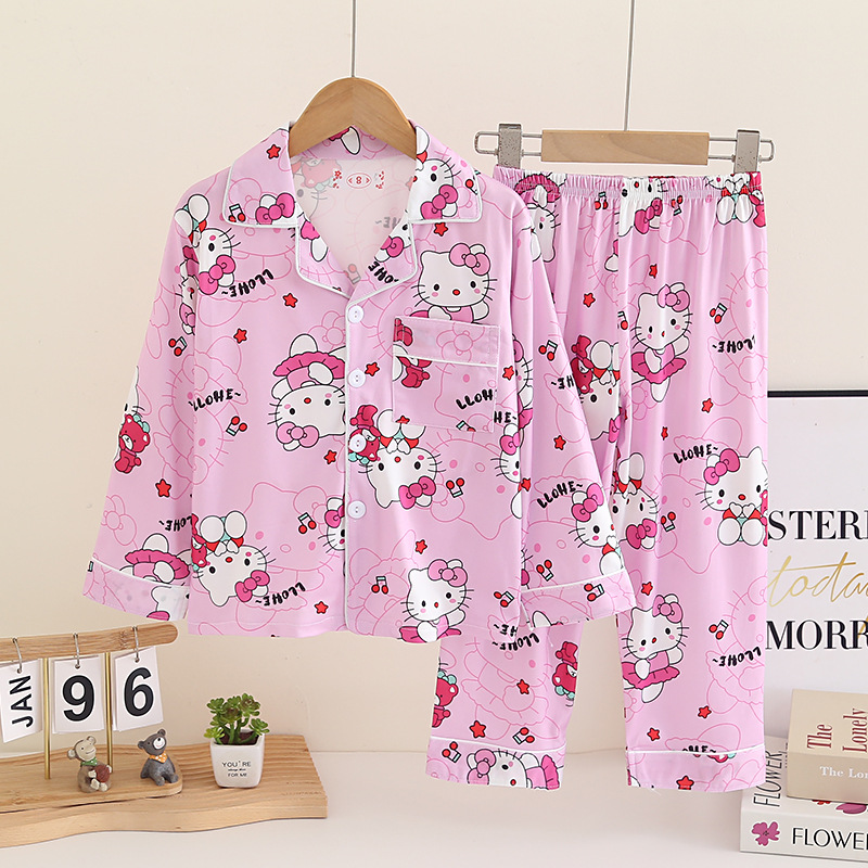 Wholesale Children's Pajamas Spring and Autumn Thin Boys' Set Girls Cartoon KT Cat Cardigan Flip Collar Long Sleeve Home Clothes