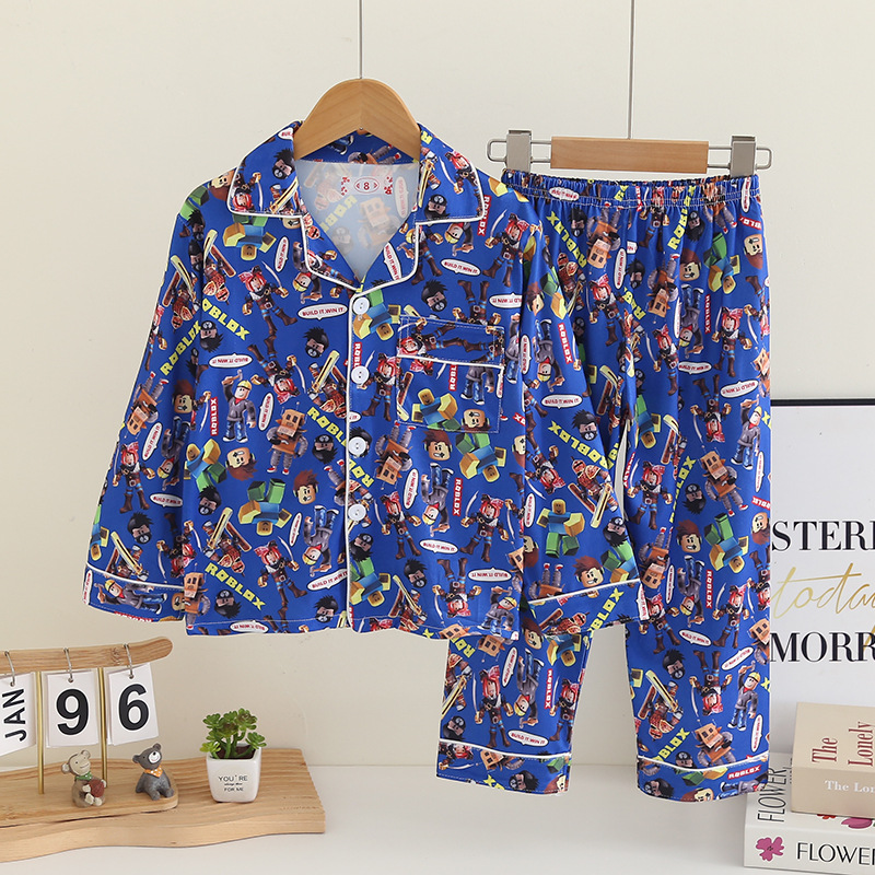 Wholesale children's sleepwear, spring and autumn boys' long sleeved pants set, girls' cartoon ROBLOX lapel cardigan home clothes