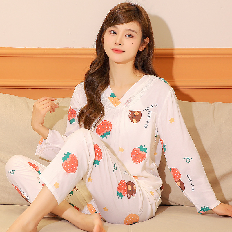 Spring and Autumn Summer Women's Cotton Silk Pajamas Long Sleeve Thin Two piece Set Plus Size Can be worn Outward Home Clothes Made of Artificial Cotton