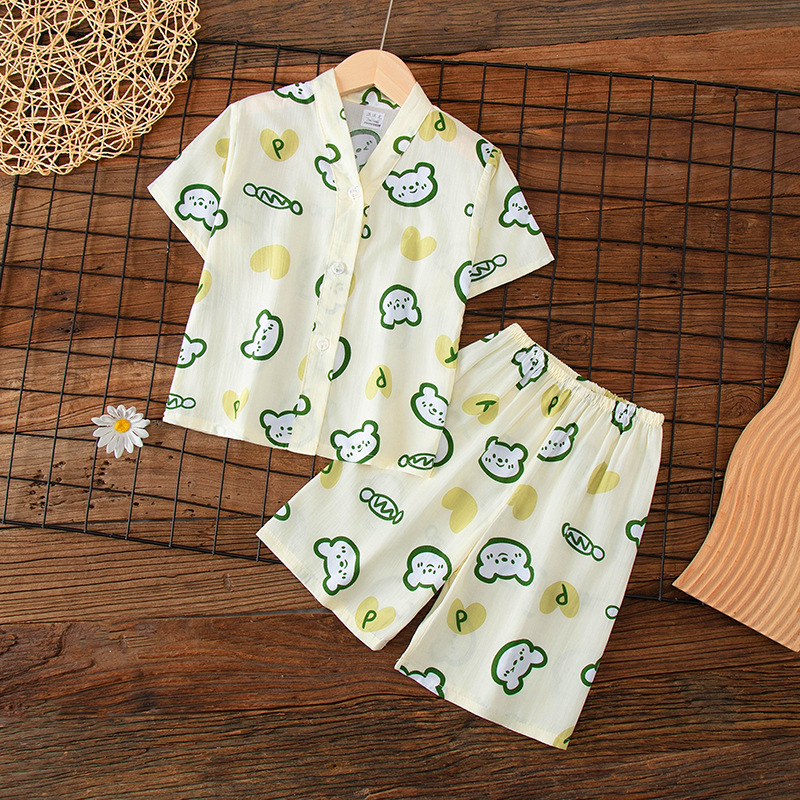 Summer children's cardigans, ice silk pajamas, short sleeves, cotton silk, boys' and girls' air-conditioned clothes, home clothes, parent-child thin styles