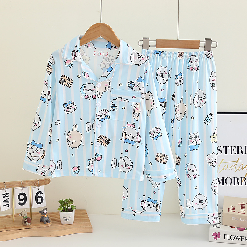 Children's sleepwear, spring and autumn, boys' long sleeved pants set, girls' cartoon little eight casual lapel cardigan home clothes