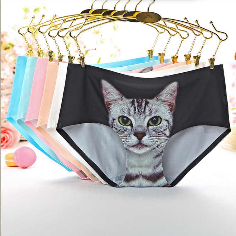 3D cat generation anti glare mid waist sexy girl underwear cartoon ice silk printed cat head triangle pants, cat star