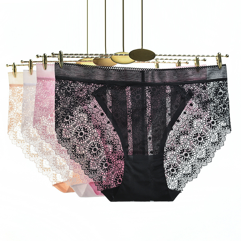 Japanese sexy lace and ice silk triangle pants with no hollow marks, mid waist cotton crotch, large size transparent mesh underwear for women