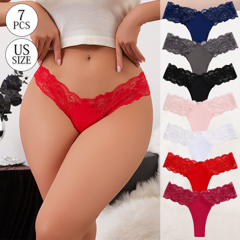 Cross border low waist sexy lace patchwork thong women's thin, European and American plus size pure skin friendly breathable crotch underwear