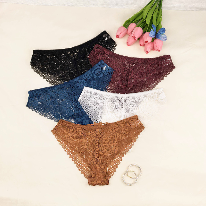 Mid waist bow cross strap sexy hot selling triangle pants with lace edges women's underwear European and American Amazon eBay