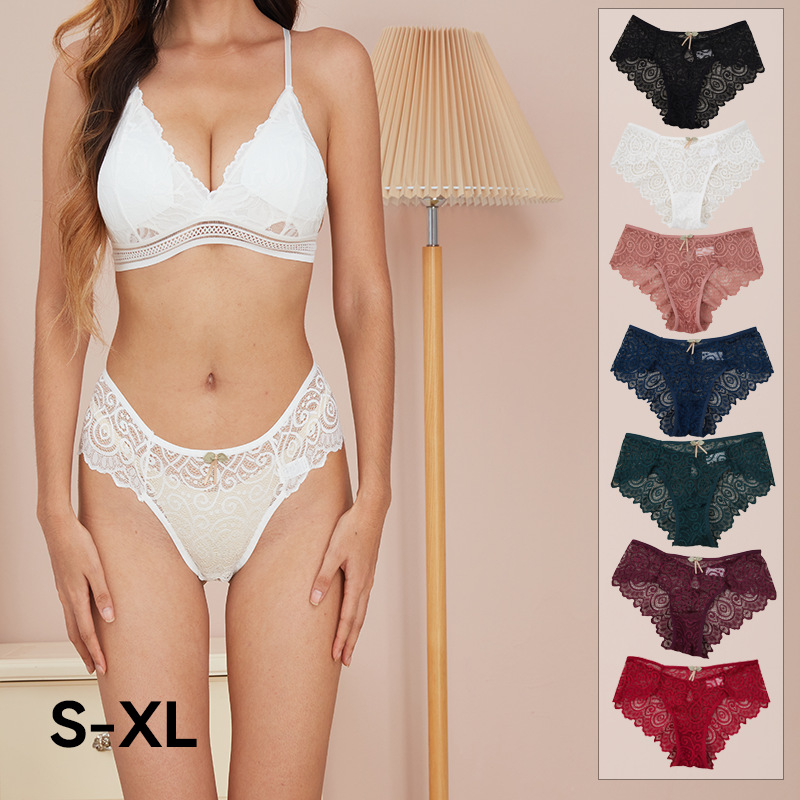 Hot selling high-end lace and lace women's triangle pants with water droplets, sexy mid waist women's underwear, plus size, Amazon foreign trade