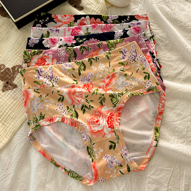 Cross border plus size women's high waist cinched milk silk underwear sexy breathable crotch printed skin friendly comfortable triangle pants