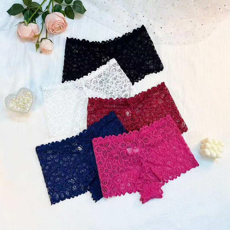 Large size European women's underwear with low waist and sexy lace flat angle pants, flat leg breathable transparent jacquard cotton crotch wholesale