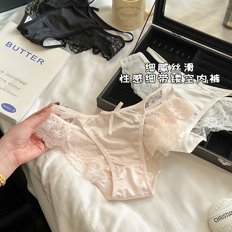 French sexy satin lace hollow women's skin friendly triangle pants, mid waist pure desire wind breathable crotch comfortable underwear