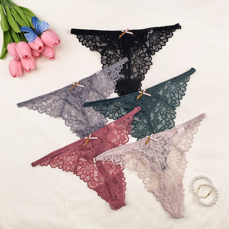 New multi-color lace underwear with hollowed out lace and low waist, sexy and fashionable, ultra-thin and seamless, pure desire bow tie thong
