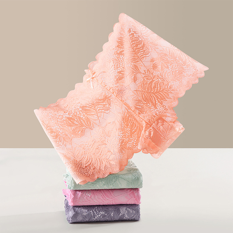 Cross border sexy lace mesh comfortable women's underwear wholesale, mid waist bow breathable crotch triangle pants