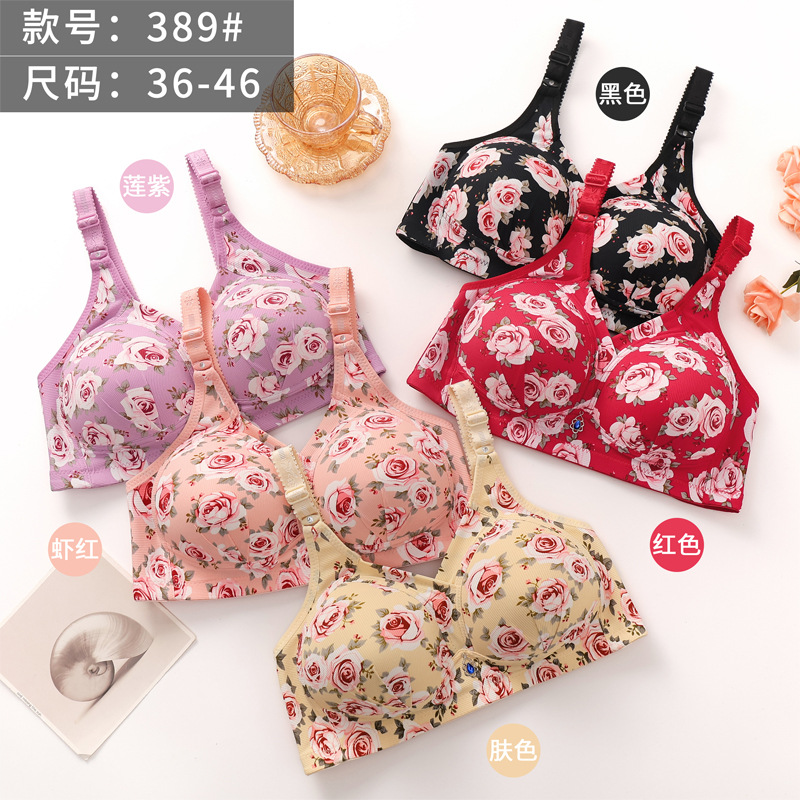Cross border wholesale of rose printed breathable underwear without steel rings for middle-aged and elderly mothers, thin and large sizes, gathered on top bra