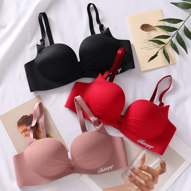 Foreign trade one-piece small chest gathered top support smooth surface girl's underwear versatile cat ear sexy no steel ring side folding bra