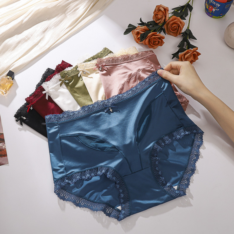 Light luxury satin waist bag, buttocks, skin friendly and comfortable women's underwear, solid color lace lace lace lace patchwork breathable crotch triangle pants