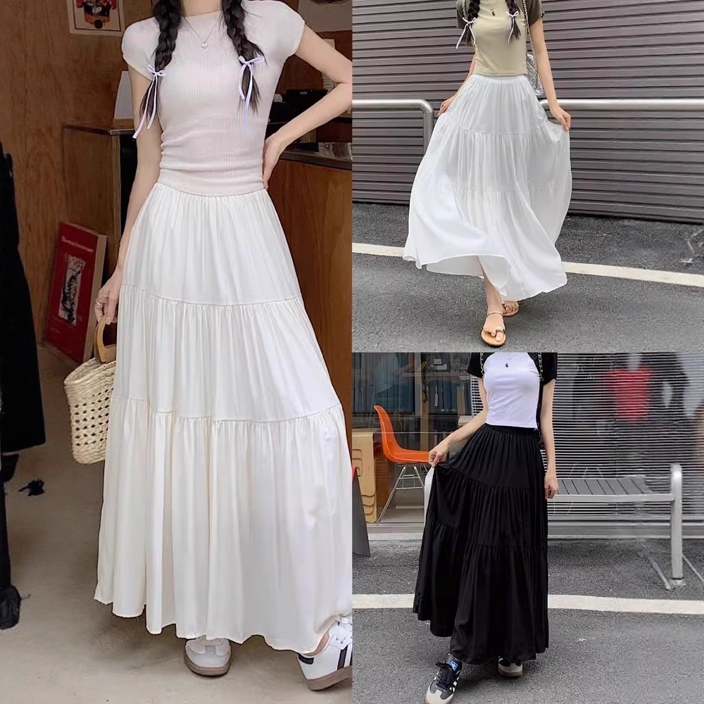 Cross border slimming and slimming casual A-line high waisted skirt for women, French versatile solid color temperament style pleated long skirt